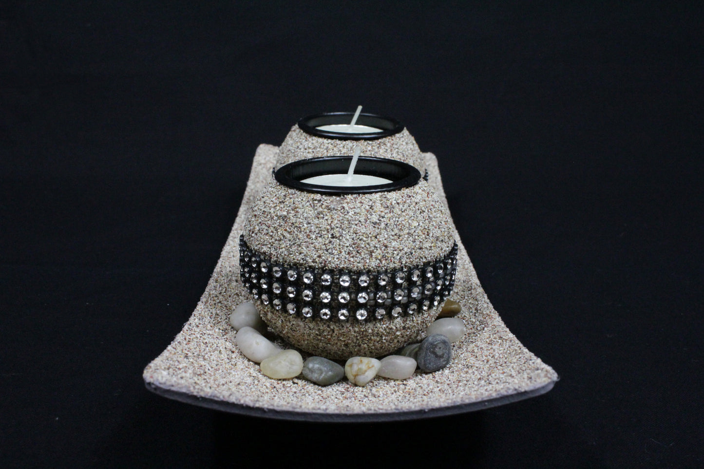 Double Tea Light Candle Holder Sand Coloured Diamonte Sequins with Beach Pebbles