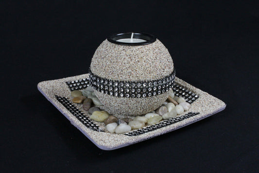 Tea Light Candle Holder Sand Coloured Diamonte Sequins with Tray Beach Pebbles