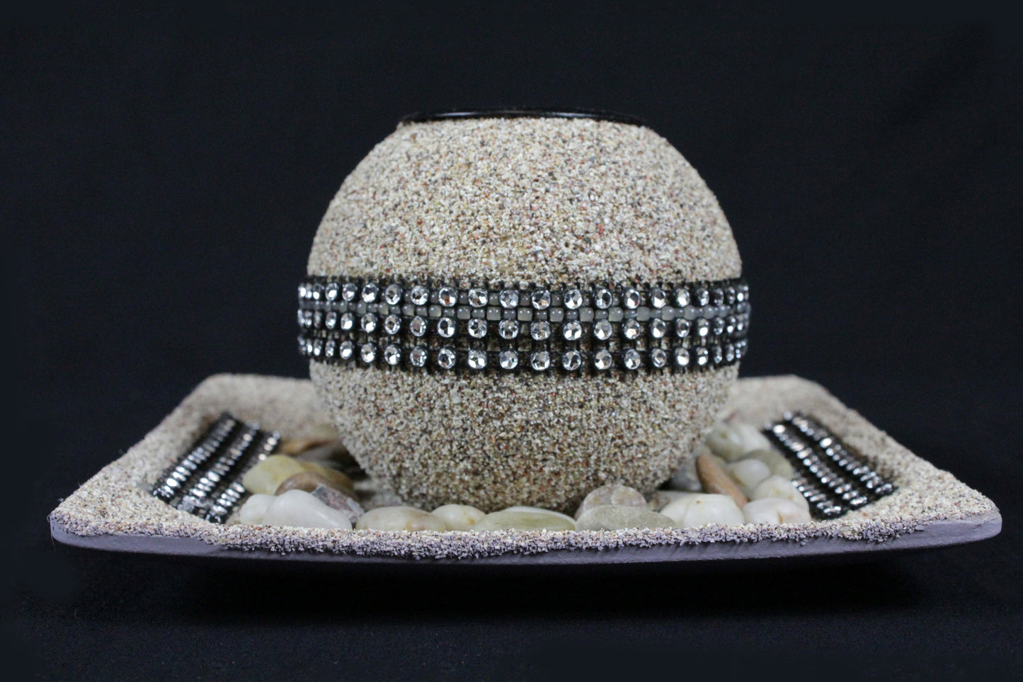 Tea Light Candle Holder Sand Coloured Diamonte Sequins with Tray Beach Pebbles