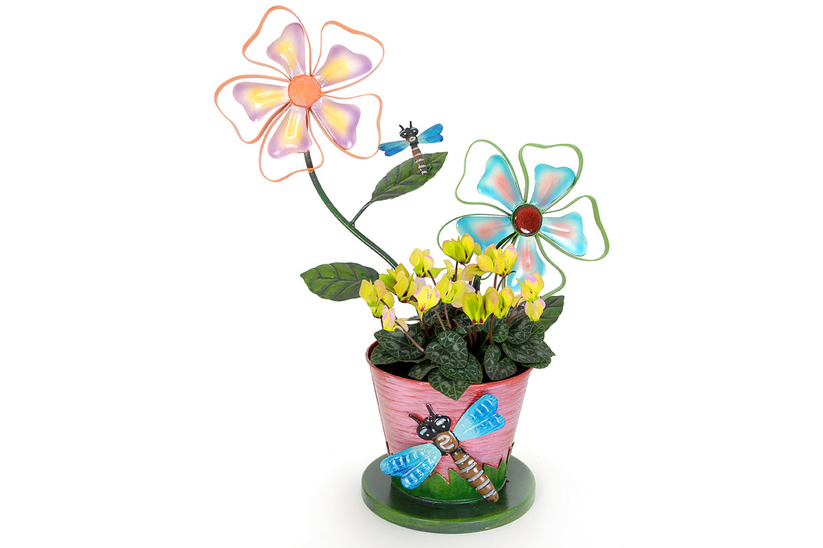 Flower Pink Pot Planter & Dragonfly