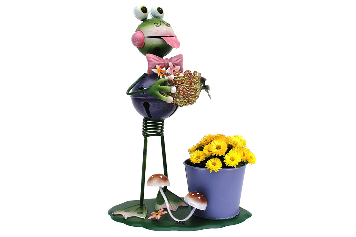 Frog with Basket of Flowers Metal Planter