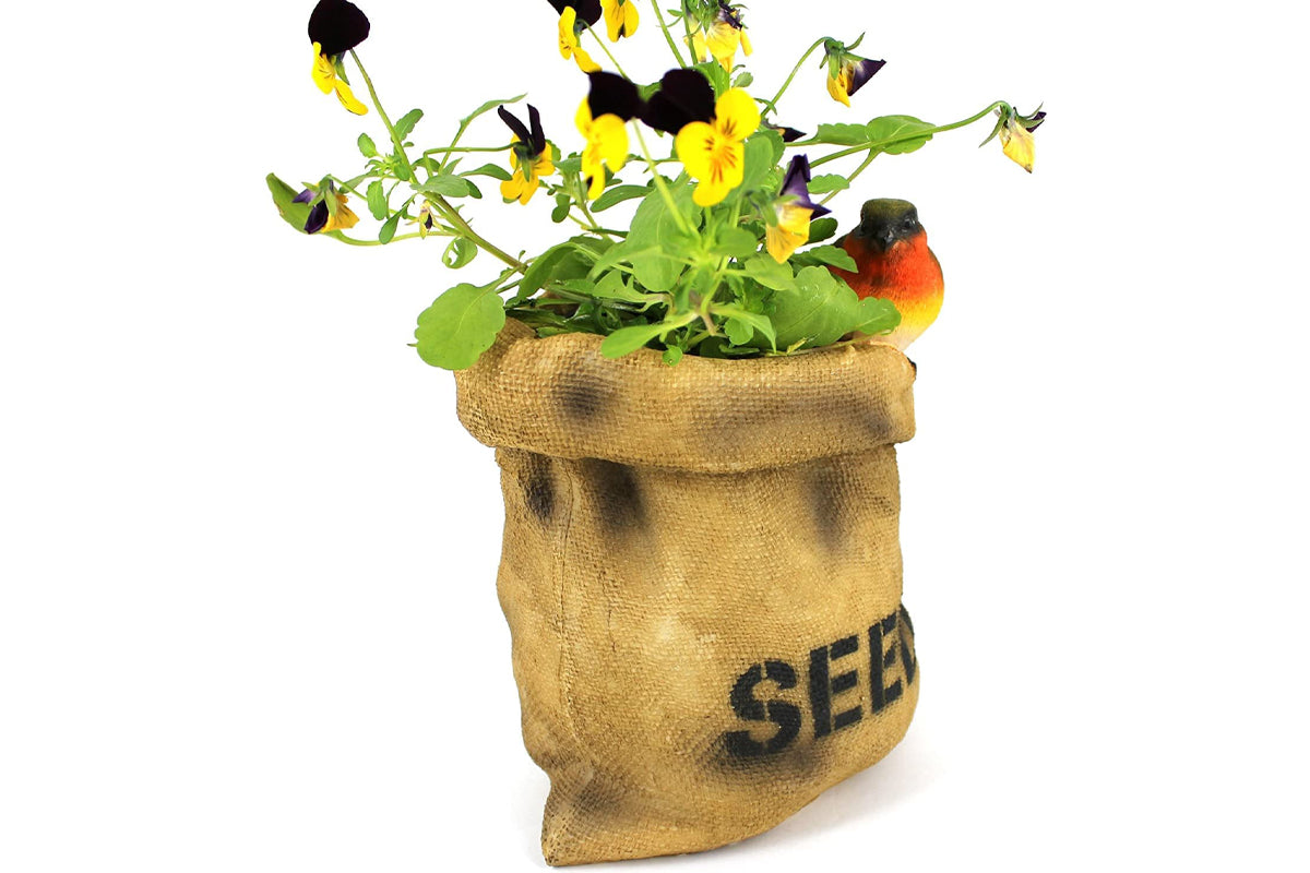 Robin Seed Sack Planter Resin Garden Ornament
