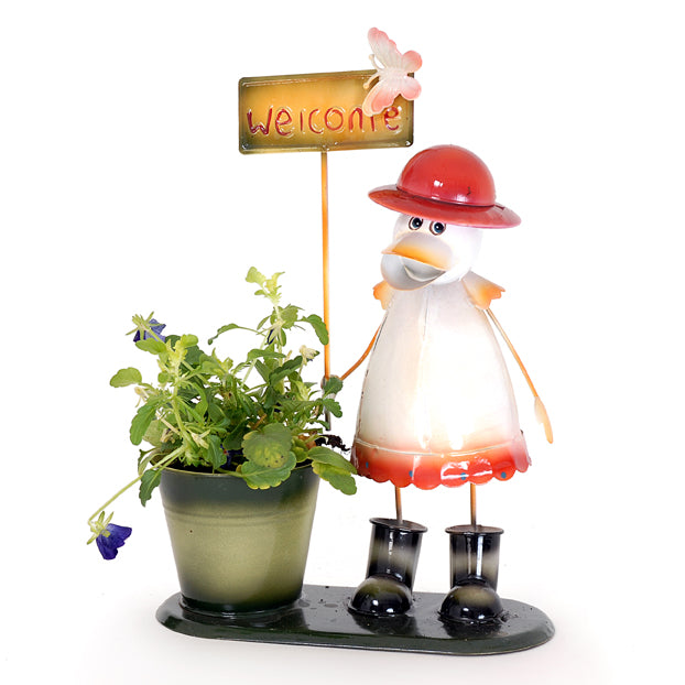 Pair of Ducks Garden Plant Holders with Welcome Signs