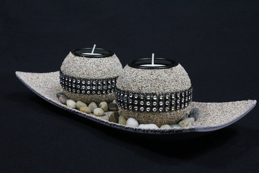 Double Tea Light Candle Holder Sand Coloured Diamonte Sequins with Beach Pebbles